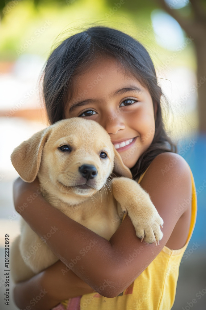 A school-age girl of Hispanic descent, embracing a small Labrador puppy on the playground. The vibrant setting and joyful expressions capture the magic of childhood friendship. A school-age girl of Hispanic descent, embracing a small Labrador puppy on the playground. The vibrant setting and joyful expressions capture the magic of childhood friendship.