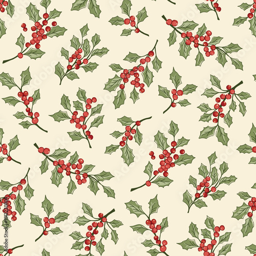 Retro Christmas Christmas Holly Berries Branches and Foliage Vector Seamless Pattern. Festive Flowers, Greenery Arrangement. Winter Holidays Botanical Print. Nostalgic Spirit.