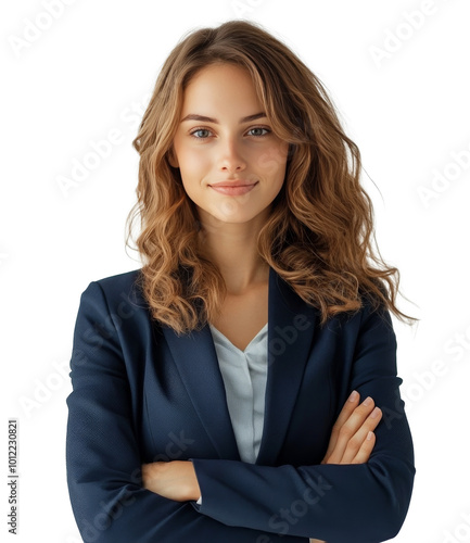 Confident woman with curly hair posing in a business suit against a neutral b...