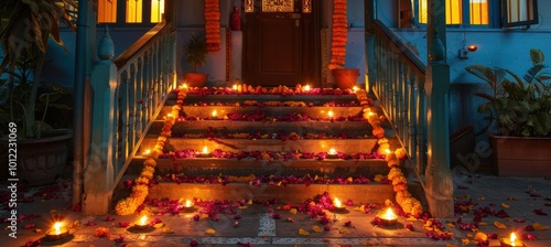 Festive Sikh Home Entrance Decorated for Bandi Chhor Divas with Glowing Oil Lamps and Flower Garlands photo