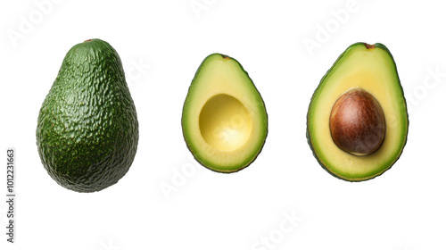 Fresh avocado halves showcasing the vibrant green flesh and single seed on wh...