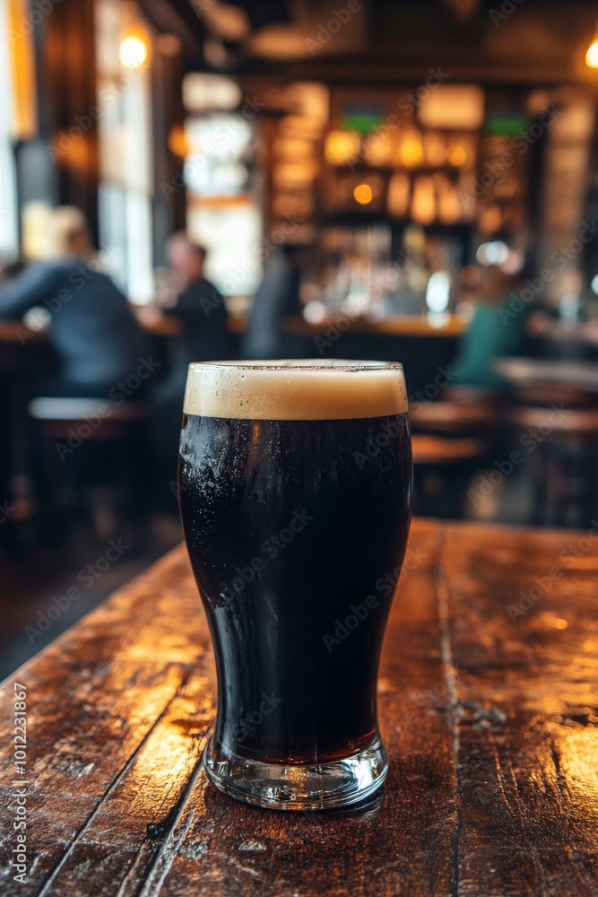 A refreshing glass of dark stout beer, with a creamy head, placed on a rustic wooden table. In the background, a cozy pub atmosphere enhances the moment, with patrons enjoying their drinks and sharing A refreshing glass of dark stout beer, with a creamy head, placed on a rustic wooden table. In the background, a cozy pub atmosphere enhances the moment, with patrons enjoying their drinks and sharing