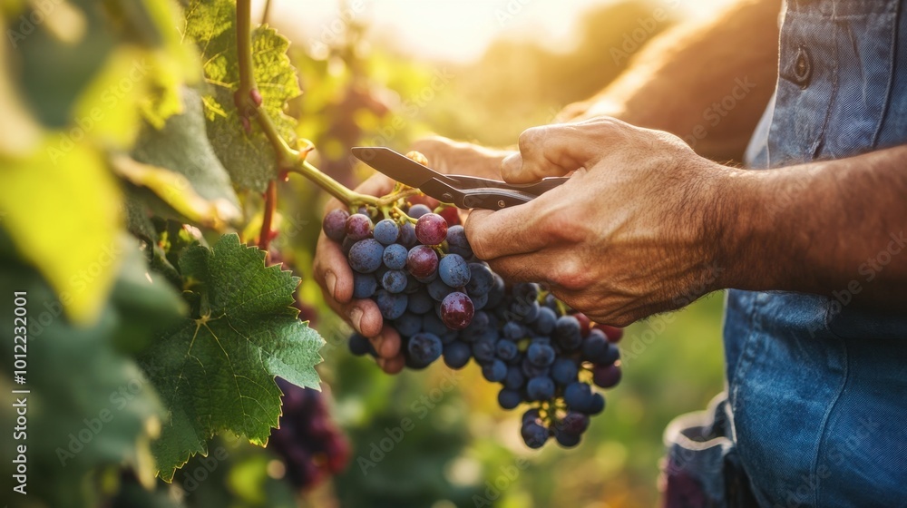 Fototapeta premium A close-up of hands holding a pair of scissors, snipping off ripe grape clusters in a sunny vineyard.