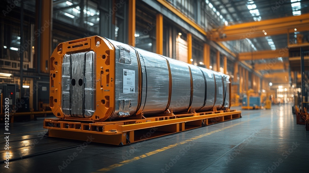 Fototapeta premium A large cylindrical object, wrapped in plastic and secured on a wheeled platform, sits in the center of a large industrial warehouse.