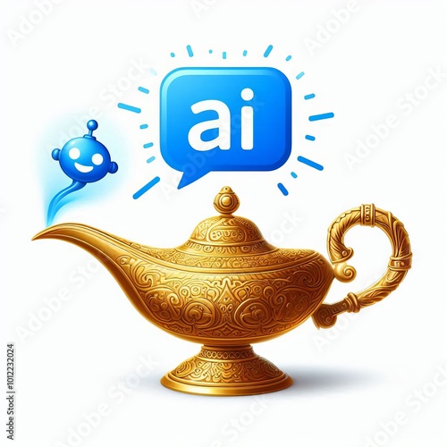 Artificial intelligence is a genie coming out of a golden oriental lamp on a white background.