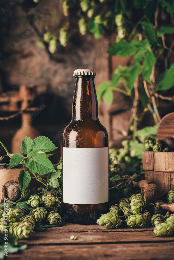 Obraz premium A brown beer bottle with a blank white label, elegantly surrounded by fresh hops and small brewing tools, creates a scene that captures the essence of artisanal craft brewing in a cozy, rustic setting