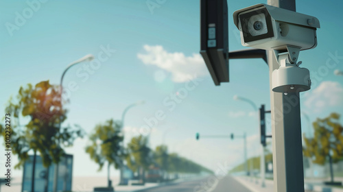 A camera capturing traffic on a pole, with a city blurred in the background.