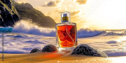 sunset on the shoreline with golden sand passion fruit and ylang ylang and gold squared bottle parfum photo