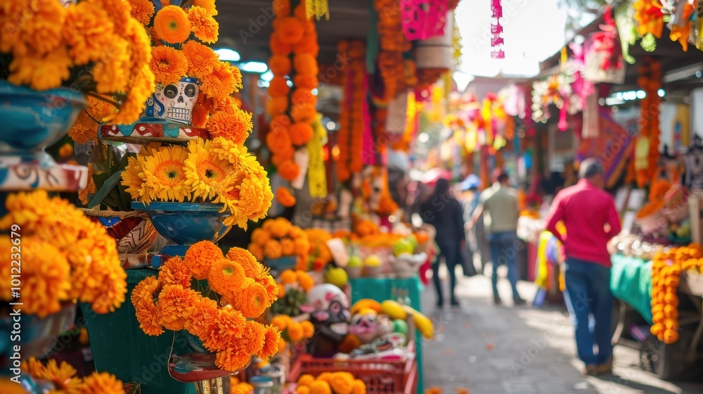 Fototapeta premium Vibrant Día de los Muertos Market Scene with Marigold Garlands and Sugar Skulls
