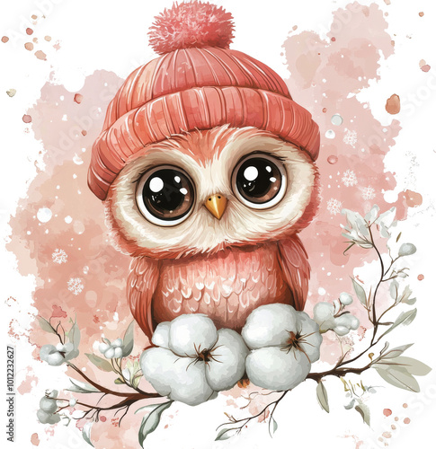Cute owl wearing a pink knitted hat sitting on a cotton branch with pastel ba...