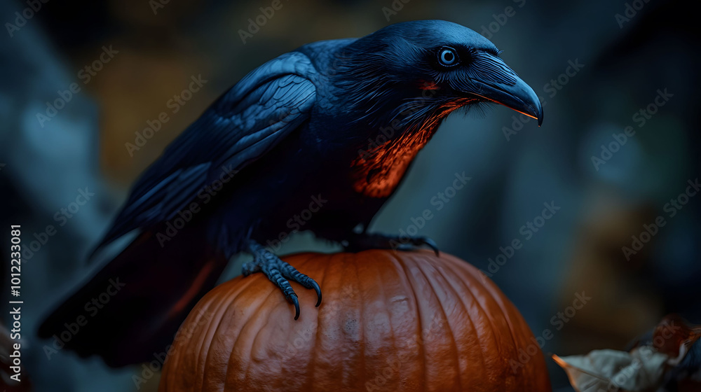 Obraz premium Close-up of a Crow on a Pumpkin
