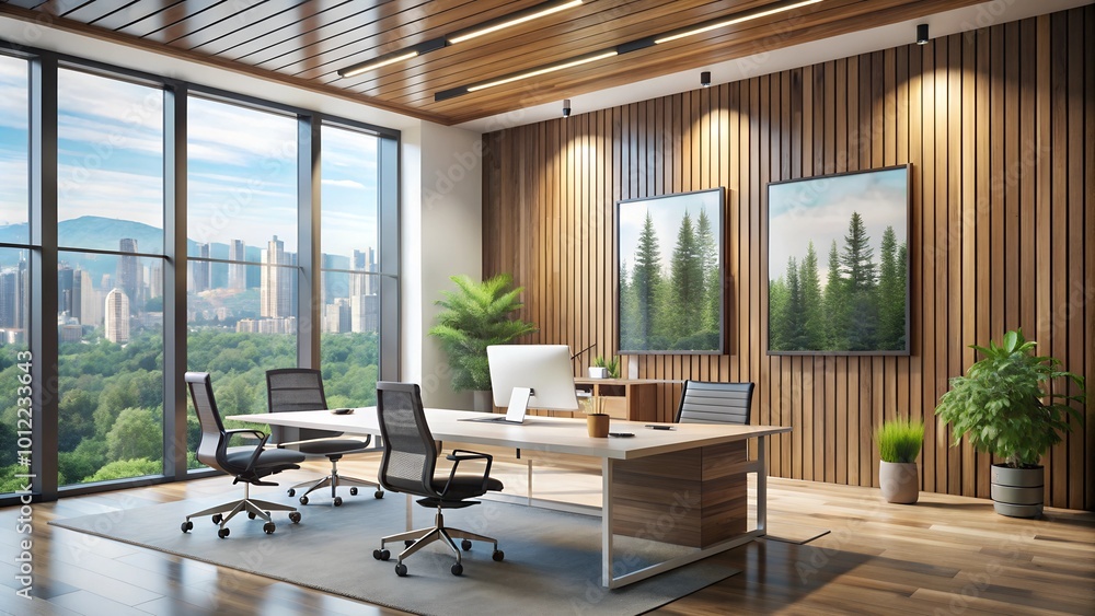 Fototapeta premium Modern Office Interior with Large Framed Poster on Wooden Wall, Expansive Windows, and Desks