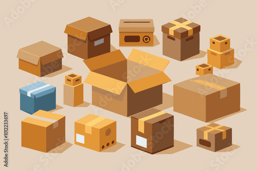 Realistic cardboard A Set of different brown cardboard packaging boxes. Collection of cardboard box mockups. Shipping carton open and closed box with breakable signs. Parcel packaging template 