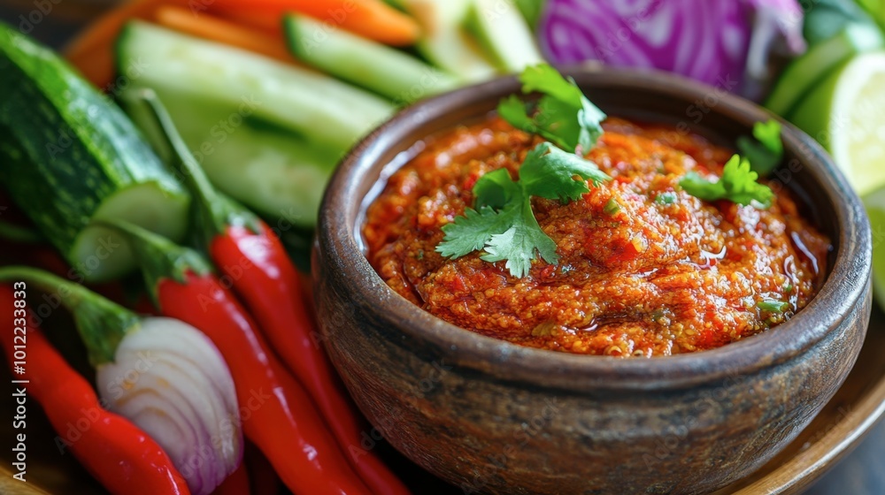 A close-up of Thai chili paste (nam prik), served with a colorful array of fresh vegetables for dipping. A close-up of Thai chili paste (nam prik), served with a colorful array of fresh vegetables for dipping.