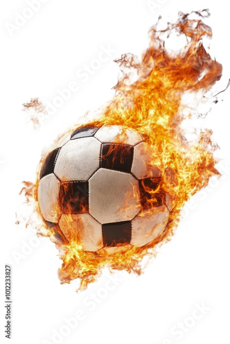A flaming soccer ball in motion creating an intense action scene in a sports-...