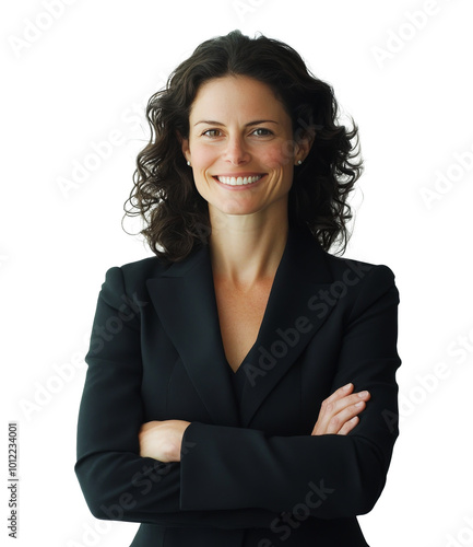 Confident professional woman in a black blazer poses with a smile against a l...
