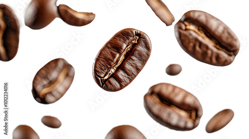 Coffee beans in mid-air showcasing their rich texture against a white background