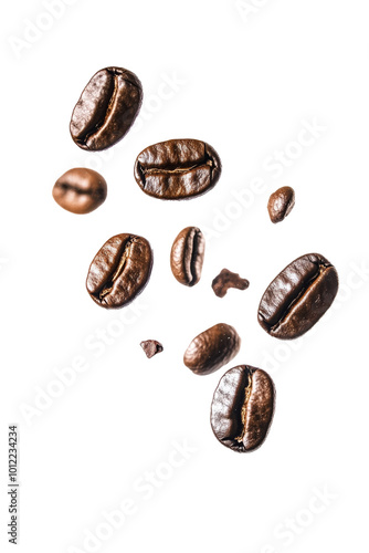 Coffee beans in mid-air showcasing their rich color and texture against a pla...