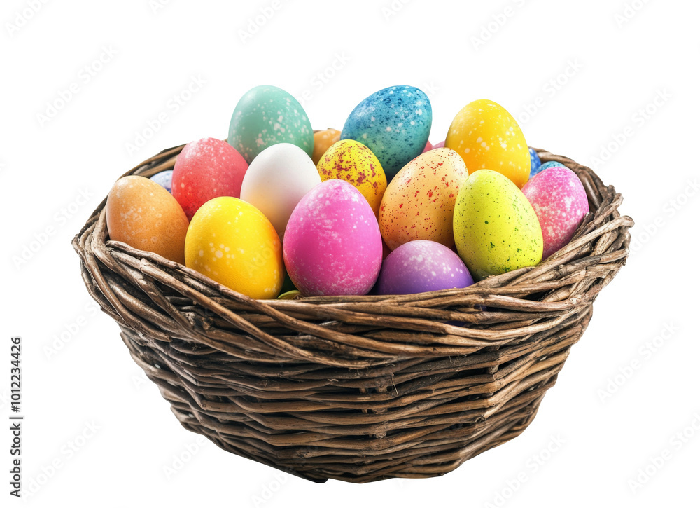 Colorful Easter eggs in a wicker basket displayed for spring celebrations and festivities Colorful Easter eggs in a wicker basket displayed for spring celebrations and festivities