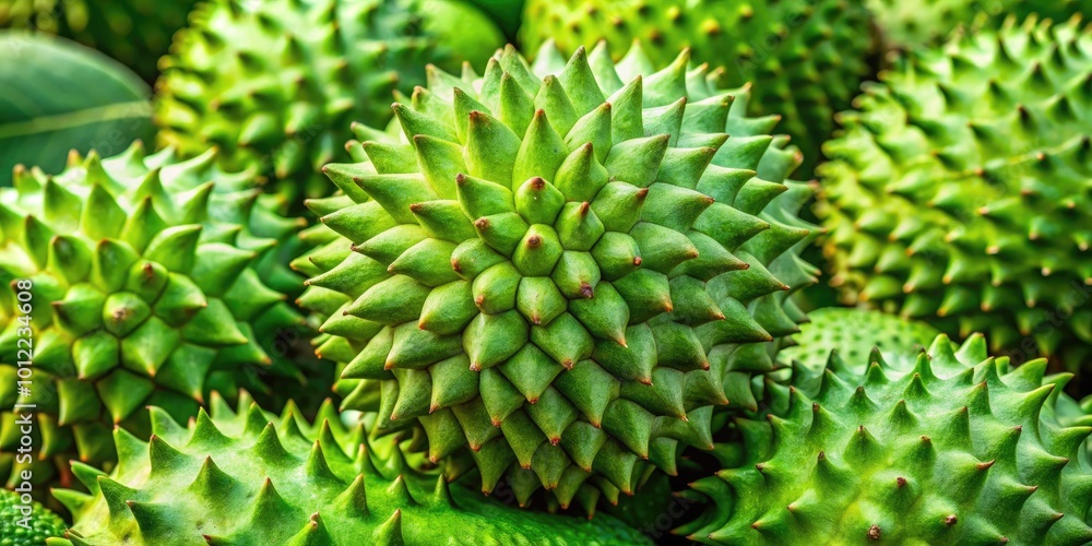 Fototapeta premium Fresh graviola fruit on a wooden table showcasing its unique spiky skin and vibrant green color