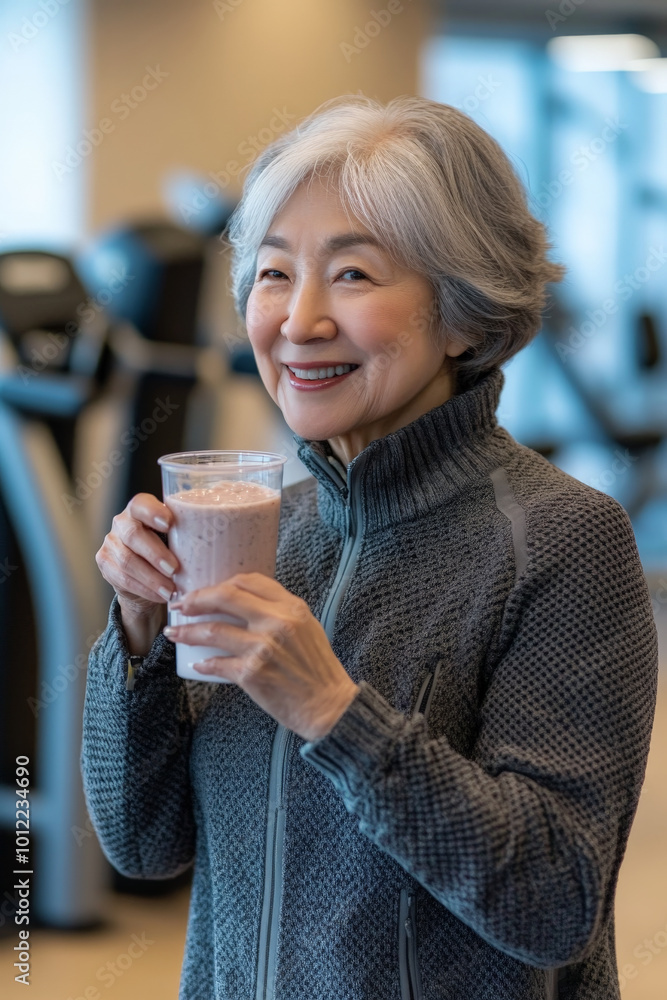 A senior Japanese woman, smiling gently as she drinks a shake after a workout, standing near advanced gym equipment. Her positive energy radiates in the modern fitness center. A senior Japanese woman, smiling gently as she drinks a shake after a workout, standing near advanced gym equipment. Her positive energy radiates in the modern fitness center.