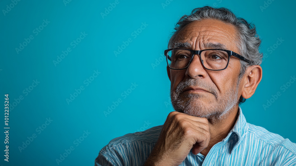 Senior Hispanic man deep in thought with hand on chin against a blue background. Senior Hispanic man deep in thought with hand on chin against a blue background.