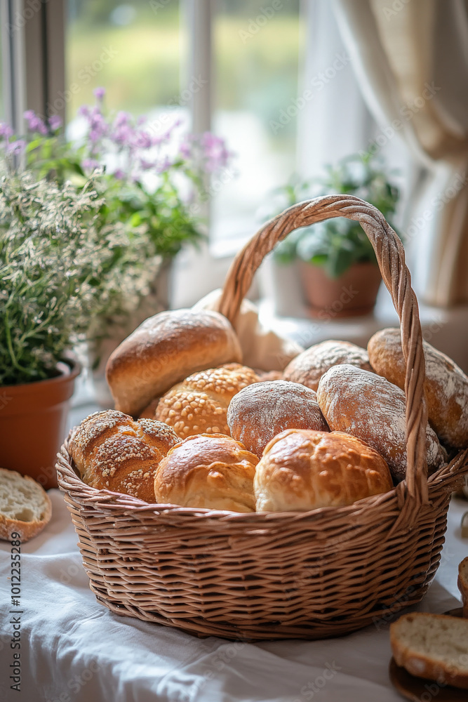 A charming display of a rustic basket filled with an assortment of crispy, freshly baked breads in pastel brown. The scene is enhanced by a soft-focus background of a cozy kitchen with potted herbs A charming display of a rustic basket filled with an assortment of crispy, freshly baked breads in pastel brown. The scene is enhanced by a soft-focus background of a cozy kitchen with potted herbs