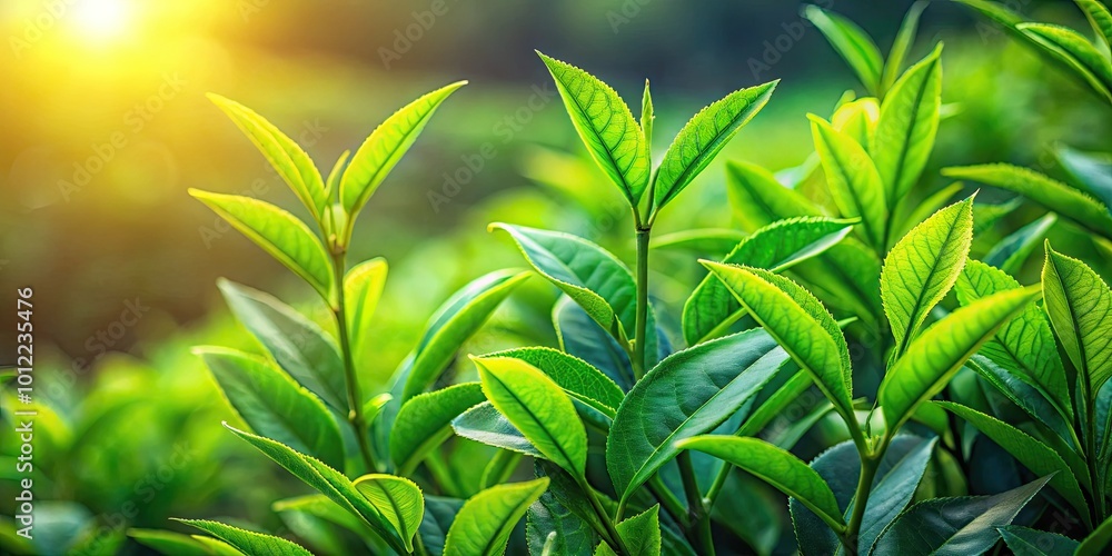 Fresh green tea tree leaves on a textured background showcasing natural beauty and herbal essence Fresh green tea tree leaves on a textured background showcasing natural beauty and herbal essence