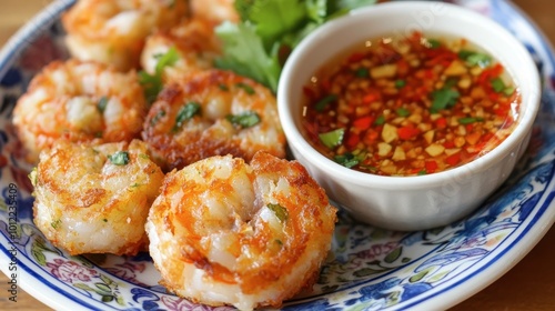 A colorful plate of Thai shrimp cakes (tod man goong), served with a side of sweet and sour dipping sauce.