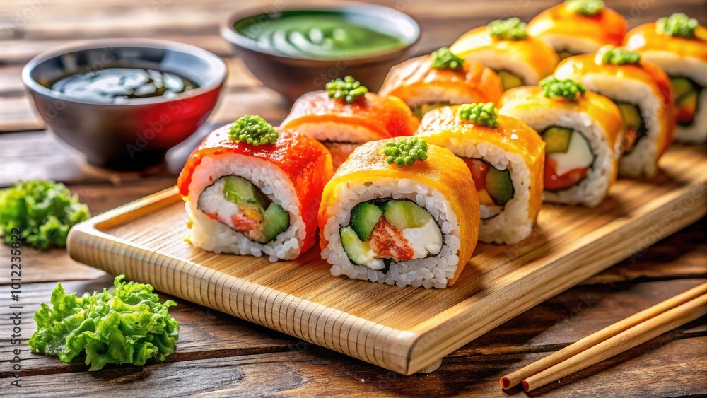 Fresh Kani Sushi Rolls on a Wooden Serving Board with Soy Sauce and Wasabi Condiments Nearby Fresh Kani Sushi Rolls on a Wooden Serving Board with Soy Sauce and Wasabi Condiments Nearby