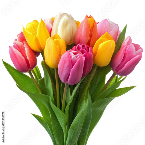 A vibrant bouquet of tulips in various colors arranged on a white background
