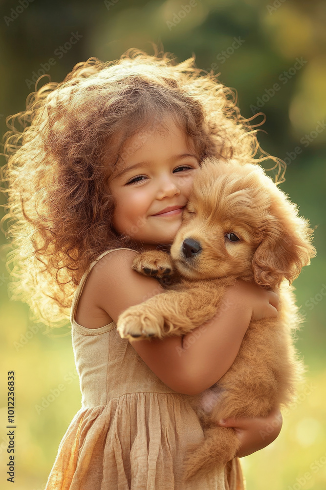 A cheerful toddler with curly hair, embracing a fluffy golden puppy in a sunny park. The vibrant green grass and playful atmosphere add to the warmth of this heartwarming moment. A cheerful toddler with curly hair, embracing a fluffy golden puppy in a sunny park. The vibrant green grass and playful atmosphere add to the warmth of this heartwarming moment.