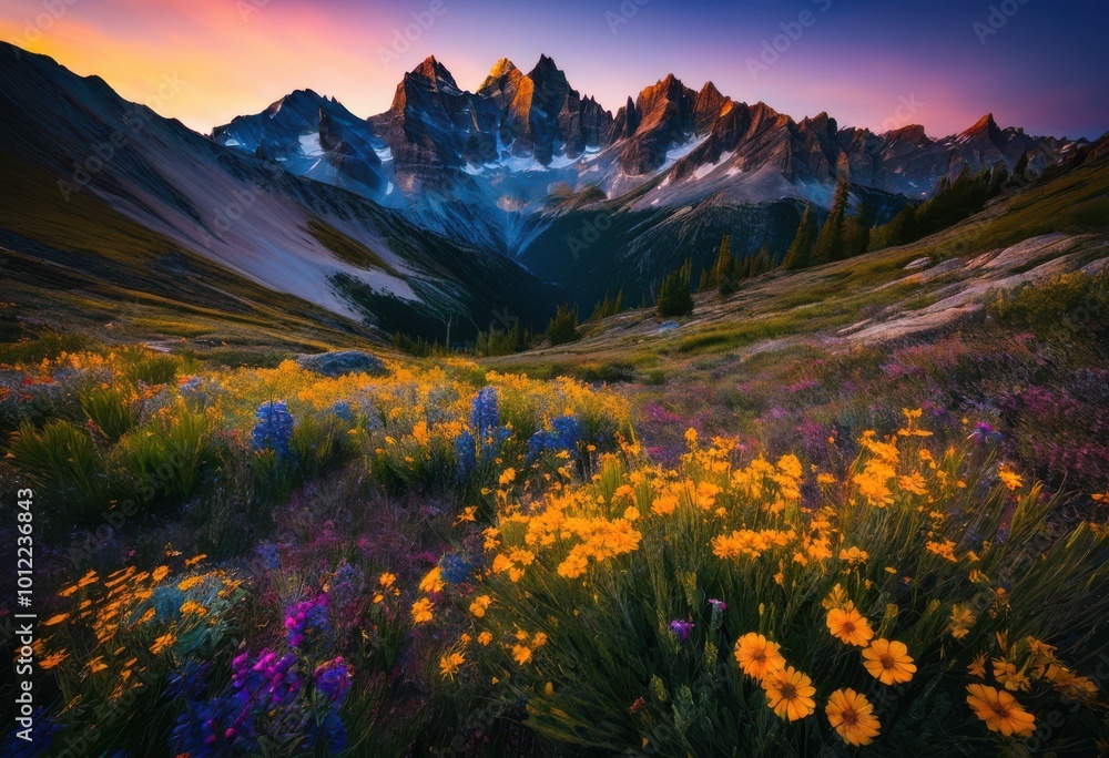 Fototapeta premium breathtaking dramatic landscapes displaying vibrant raw beauty stunning forms enchanting elegance, mountain, sky, river, tree, sunset, sunrise