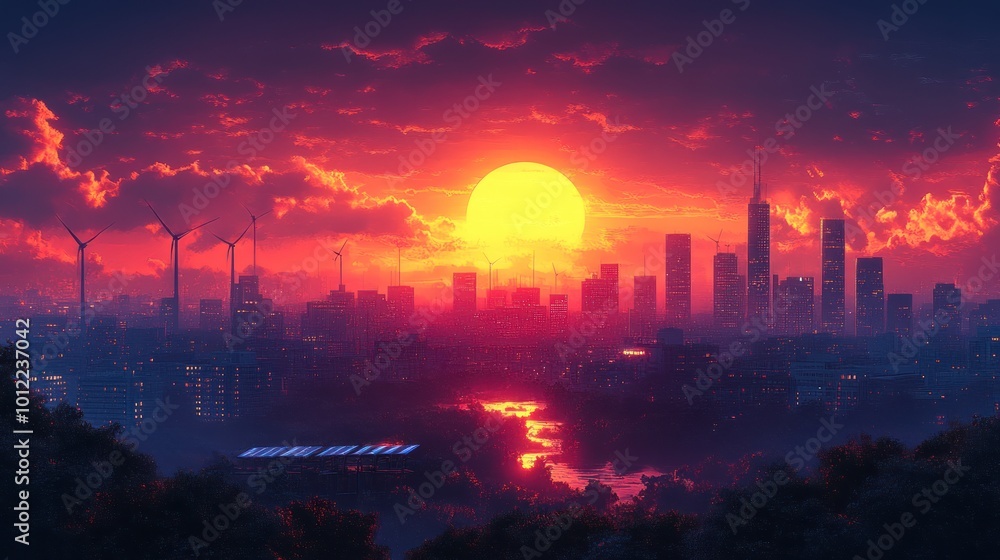 Fototapeta premium A vibrant sunset casts a warm glow over a modern city with wind turbines and solar panels, symbolizing a sustainable future.