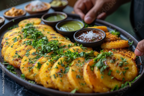 Platter of dhokla with chutneys and garnished herbs, concept of Indian street food feast photo