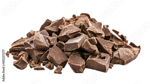 Delicious chunks of dark chocolate scattered on a clean white background read...