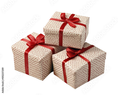 Beautifully wrapped holiday gifts with red bows on a white background ready f...