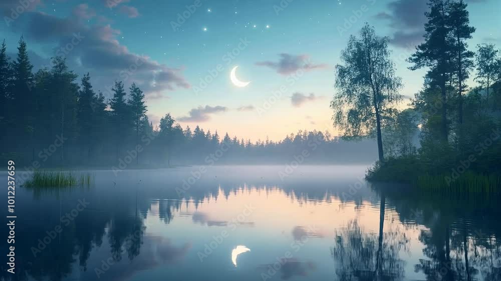 Serene Nighttime Lake with Starry Sky and Crescent Moon Serene Nighttime Lake with Starry Sky and Crescent Moon
