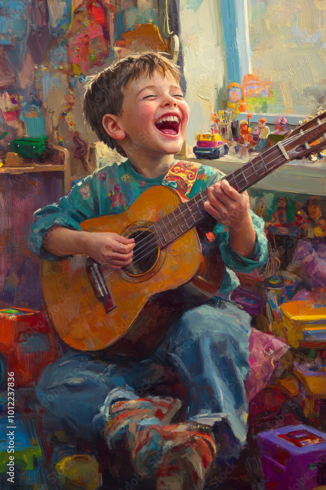 A cheerful young boy playing an acoustic guitar while singing happily in a colorful room filled with toys. His laughter fills the air as he expresses his love for music, embodying the essence of