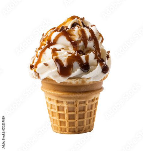 Soft serve ice cream topped with caramel drizzle and crushed nuts in a waffle...