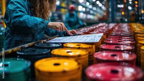 Fototapeta Naklejka Na Ścianę i Meble -  A female worker in a factory checks the inventory of paint barrels.