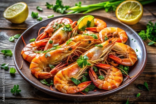 Freshly Cooked Prawns on a Plate Garnished with Lemon and Herbs for a Delicious Seafood Dish