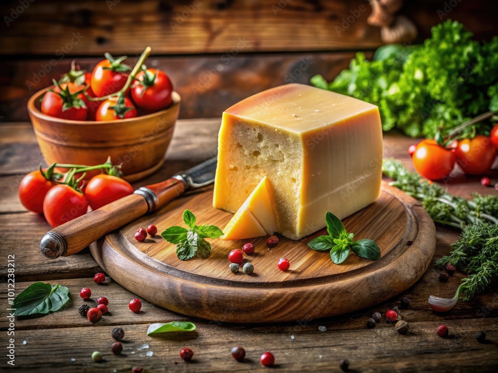 Freshly Cut Cheese Block on Wooden Board with Knife and Decorative Elements for Culinary Presentation Freshly Cut Cheese Block on Wooden Board with Knife and Decorative Elements for Culinary Presentation