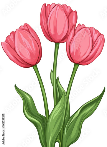 Beautiful pink tulips with green leaves standing gracefully in a vibrant flor...