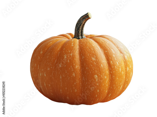 A carved pumpkin with a smiling face on a plain white background for Hallowee...
