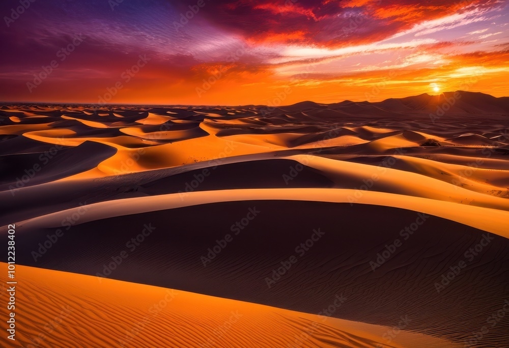 Naklejka premium breathtaking view dramatic sand dunes under enchanting glow stunning sunset, desert, landscape, orange, red, sky, nature, beauty, horizon, light, texture