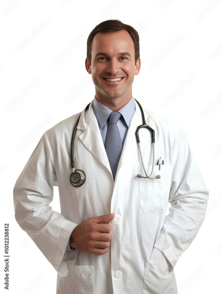 Smiling male doctor in a white coat with stethoscope poses confidently against a plain background Smiling male doctor in a white coat with stethoscope poses confidently against a plain background