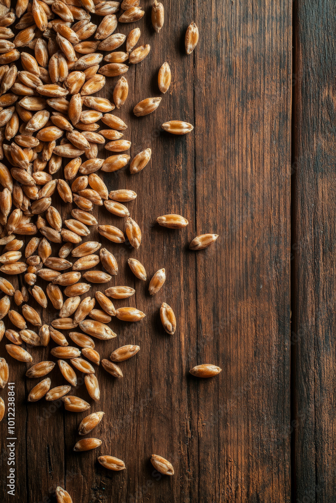 A detailed overhead shot showcasing a generous spread of wheat kernels on a vintage wooden table. The natural grain texture of the wheat is highlighted against the rich, earthy tones of the wood, A detailed overhead shot showcasing a generous spread of wheat kernels on a vintage wooden table. The natural grain texture of the wheat is highlighted against the rich, earthy tones of the wood,