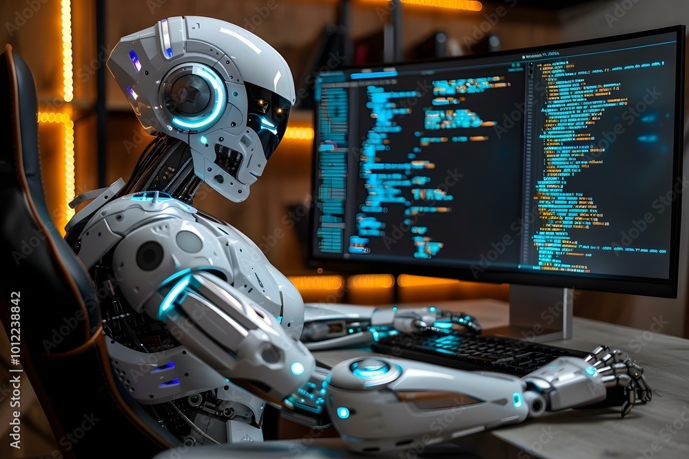 Humanoid Robot Programmer. Machine Coding On Computer, robot, code, ai, artificial, intelligence, web, tech, machine, technology, computer, future, 4, programmer, 0, industry, girl, robotic Humanoid Robot Programmer. Machine Coding On Computer, robot, code, ai, artificial, intelligence, web, tech, machine, technology, computer, future, 4, programmer, 0, industry, girl, robotic
