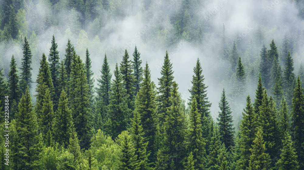 Tall pine trees rise from the forest floor, their lush green needles softened by a layer of mist. The fog creates a dreamy, serene environment, with the trunks of the trees disappearing into the white Tall pine trees rise from the forest floor, their lush green needles softened by a layer of mist. The fog creates a dreamy, serene environment, with the trunks of the trees disappearing into the white